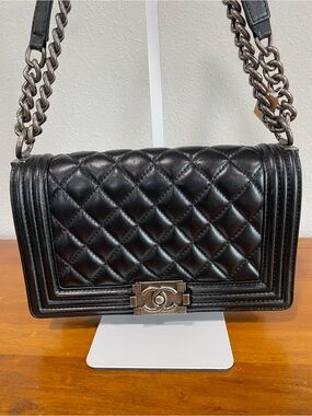 Black Quilted Leather Shoulder Bag with Chain Strap